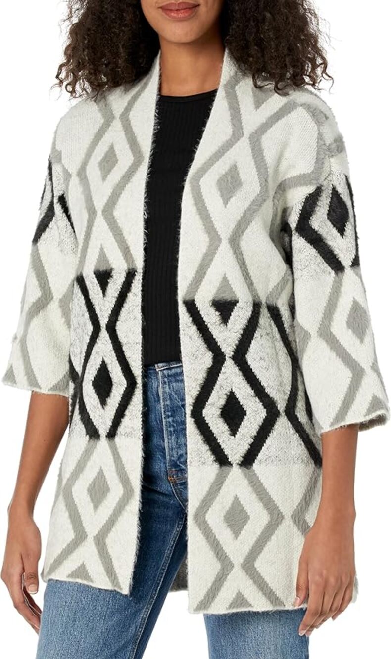 Multiples Gray Black White Three Quarter Sleeve Drop Shoulder Knit Open Cardigan